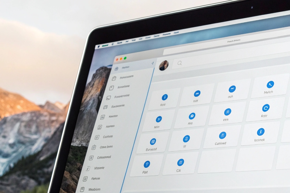 Laptop screen showing unified communication dashboard with app tiles and contact icons