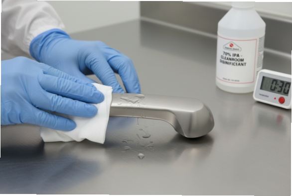 Gloved technician disinfects industrial handset with 70% IPA cleanroom-approved sanitizer