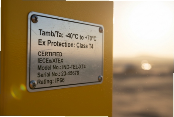 IECEx ATEX certified IP66 nameplate on industrial explosion-proof telephone, -40°C to +70°C rated