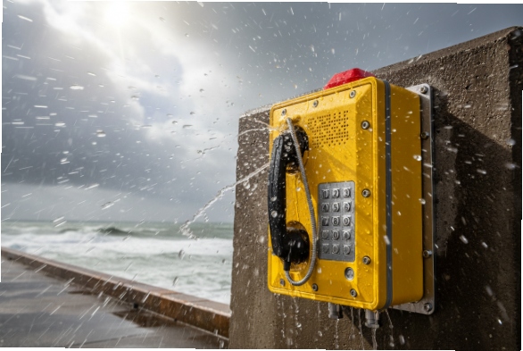 Yellow IP66 SIP emergency phone with keypad sprayed by seawater on coastline