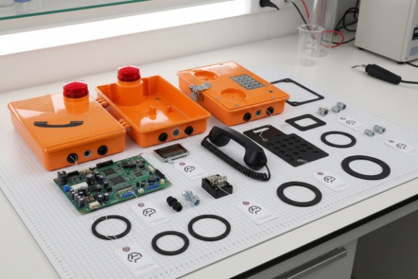 Disassembled orange SIP emergency phone components with gaskets, PCB and hardware on table