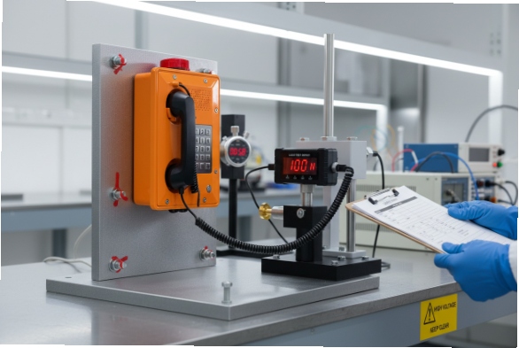 Laboratory handset pull test rig measuring force on an orange industrial emergency telephone