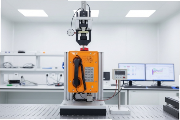 Rugged SIP emergency phone clamped in lab fixture for mechanical load testing