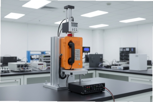 Orange SIP emergency phone in lab fixture for handset pull strength testing