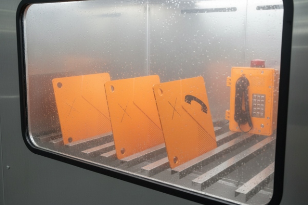 Test chamber showing orange phone panels and assembled emergency unit under mist spray