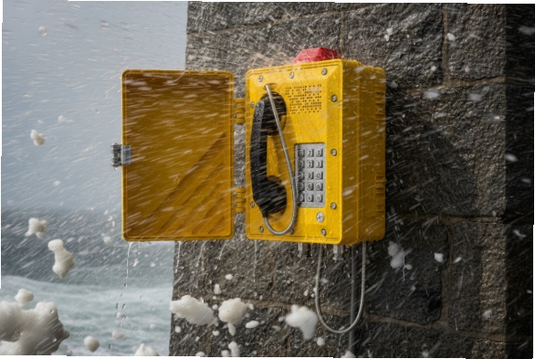 Yellow weatherproof SIP phone with open door hit by sea spray and foam