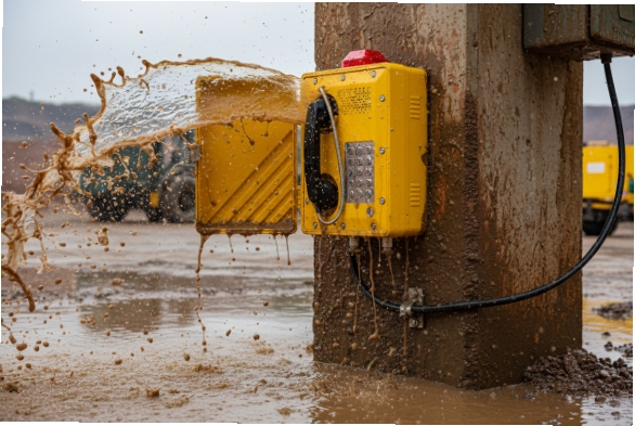 Waterproof yellow SIP hotline phone splashed with muddy water at mining site