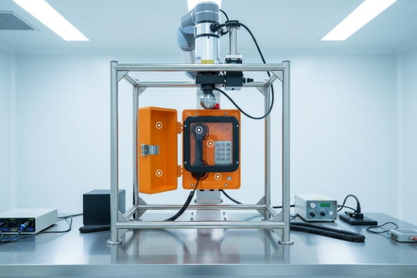 Rugged SIP emergency phone secured in lab rig for vibration and durability testing