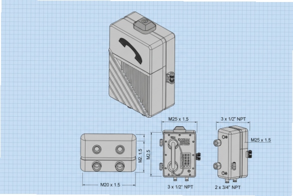 Technical drawing of explosion-proof SIP phone showing NPT and metric cable entries