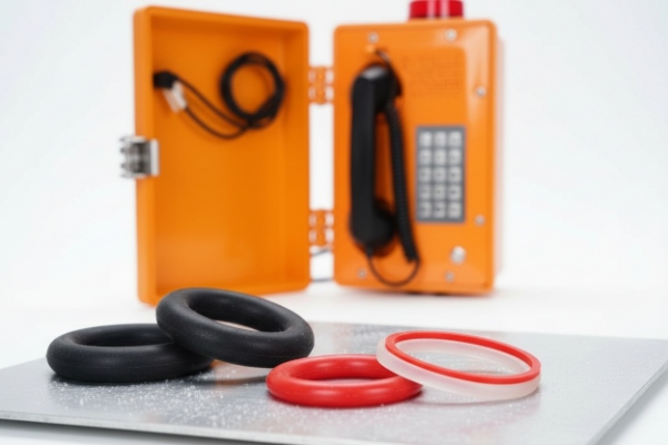 Rubber gaskets and O-rings displayed in front of open orange SIP emergency phone