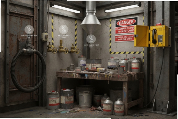 Explosion-proof SIP hotline phone in flammable liquids room with safety warning signs