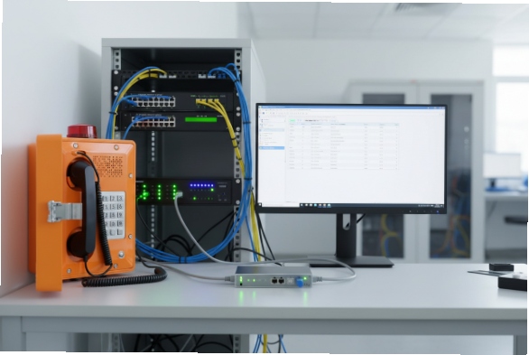 Orange SIP emergency phone connected to network rack and PC for configuration testing