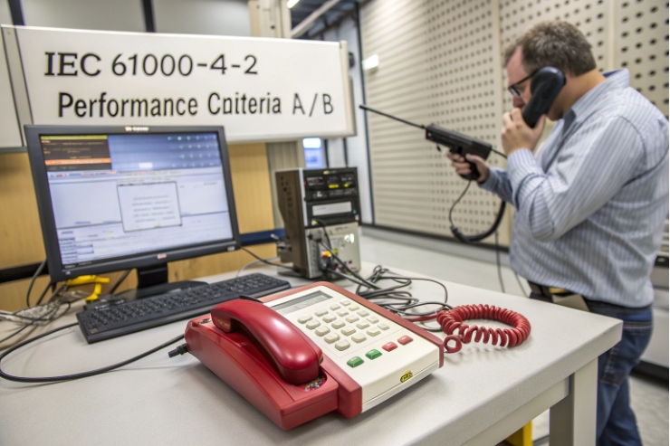 Engineer performing IEC 61000-4-2 ESD test using radio and desk phone in lab