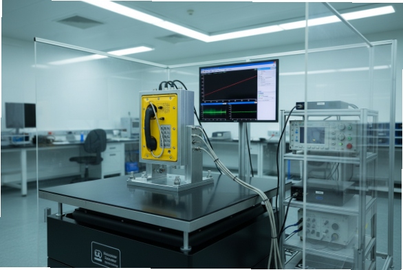 Rugged SIP intercom undergoing laboratory performance testing with monitoring screen and instrumentation cables