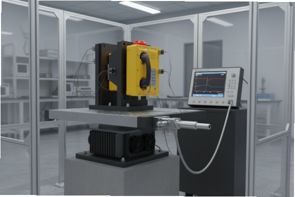Rugged SIP hotline phone on vibration test bench with data monitor in lab