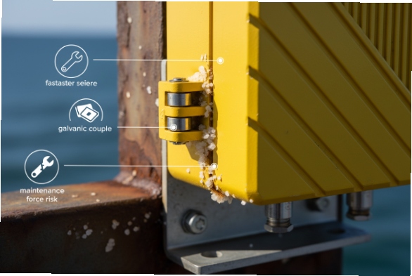 Close-up hinge on yellow SIP phone showing galvanic corrosion and salt buildup