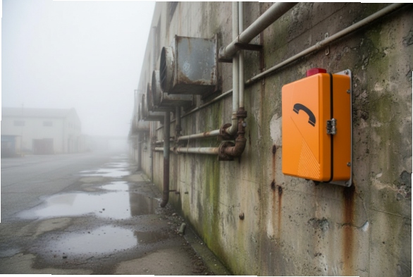 Orange rugged emergency phone enclosure on factory wall with pipes in fog