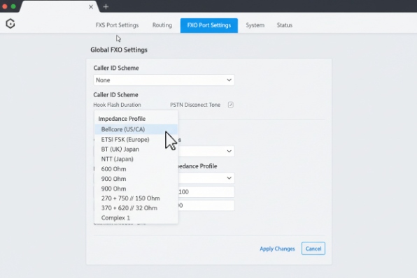 FXO port settings screen showing impedance profile selection for regional PSTN standards