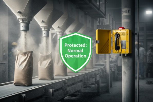 Yellow industrial emergency phone operating safely in dusty bagging line with protection shield