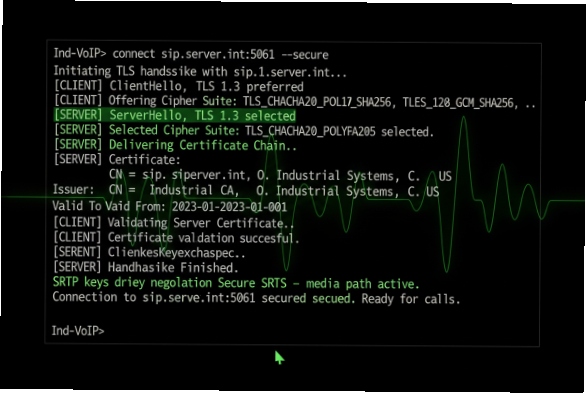 Terminal shows TLS 1.3 handshake and SRTP keys for secure VoIP