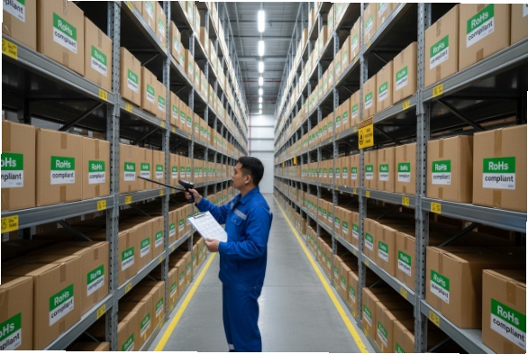 Warehouse worker scans RoHS compliant inventory boxes on high-bay shelves for traceability
