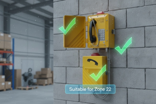 Zone 22 compliant emergency phone setup on warehouse wall with approval check marks