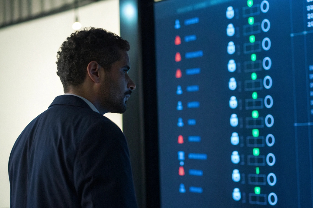 IT administrator monitoring secure SIP accounts and user status on large security operations dashboard