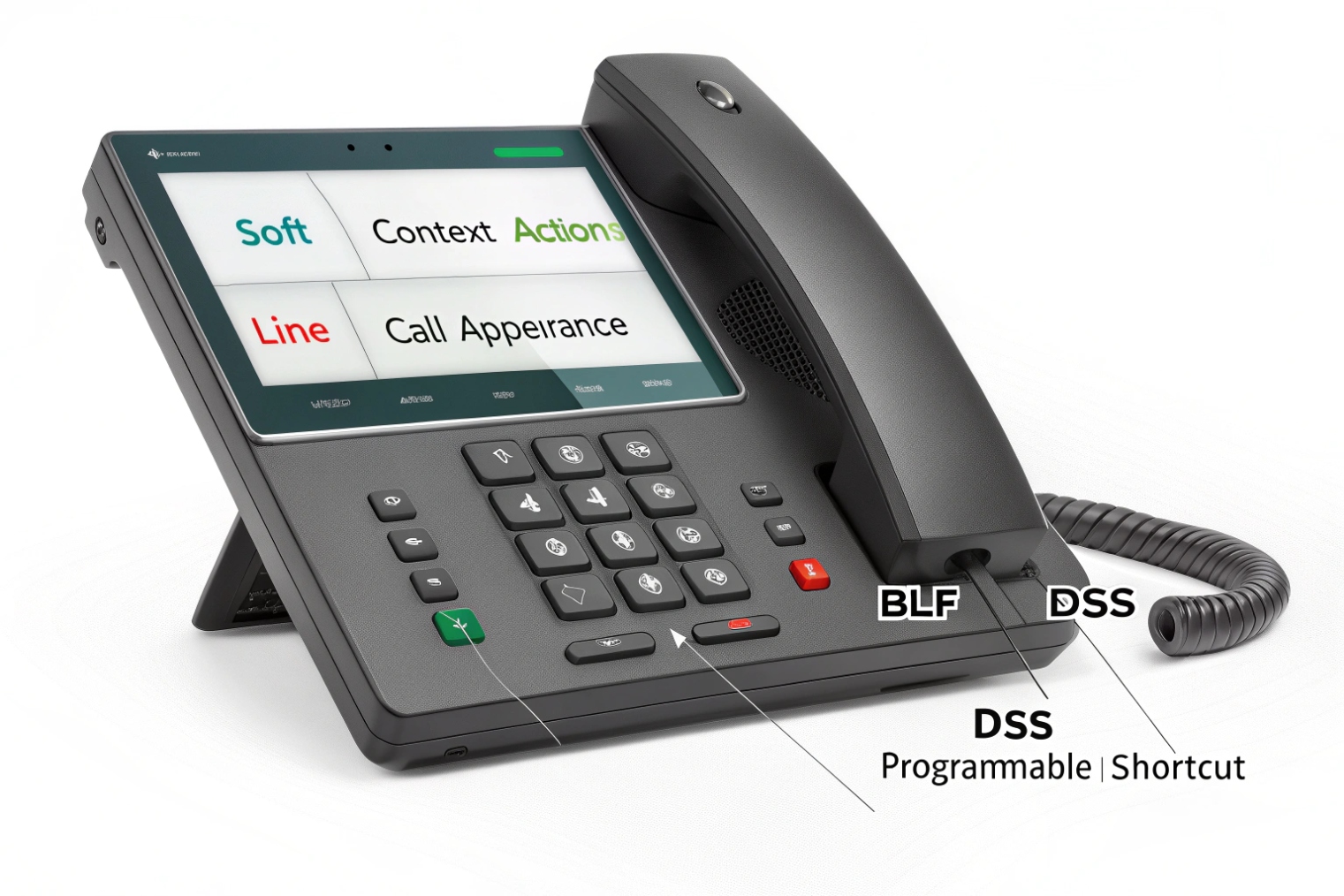 Enterprise SIP desk phone with large touchscreen and programmable DSS BLF keys for call control