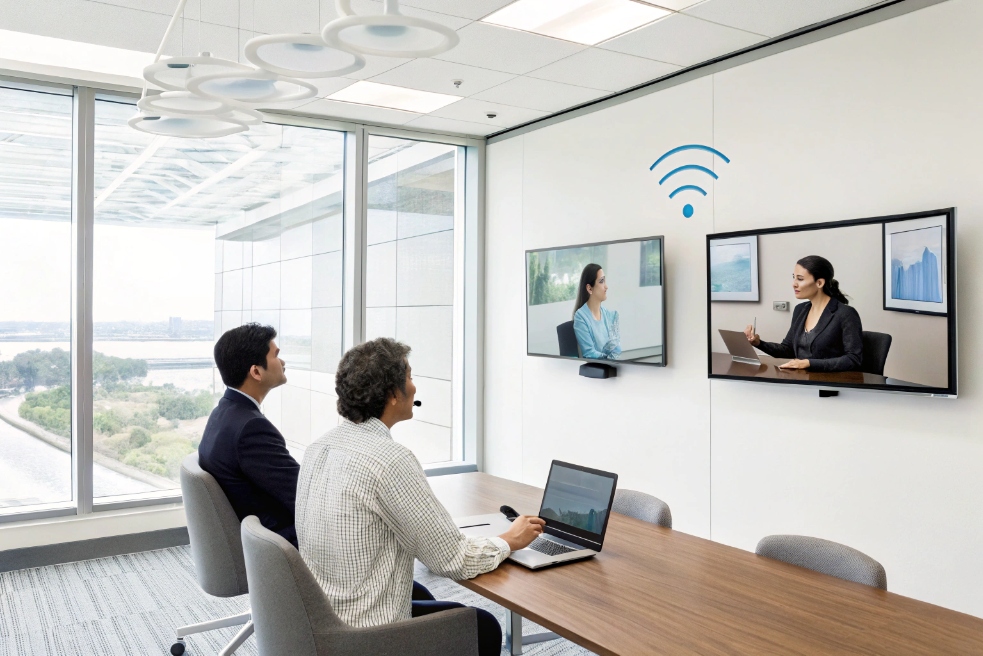 Business team in boardroom using wireless SIP video conferencing displays