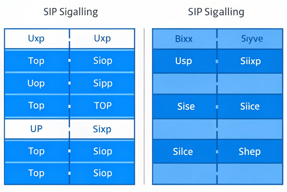 Two side-by-side blue tables titled “SIP Sigalling,” each filled with placeholder labels such as Uxp, Top, Siop, Bixx, and Siyve to compare different SIP signalling options.