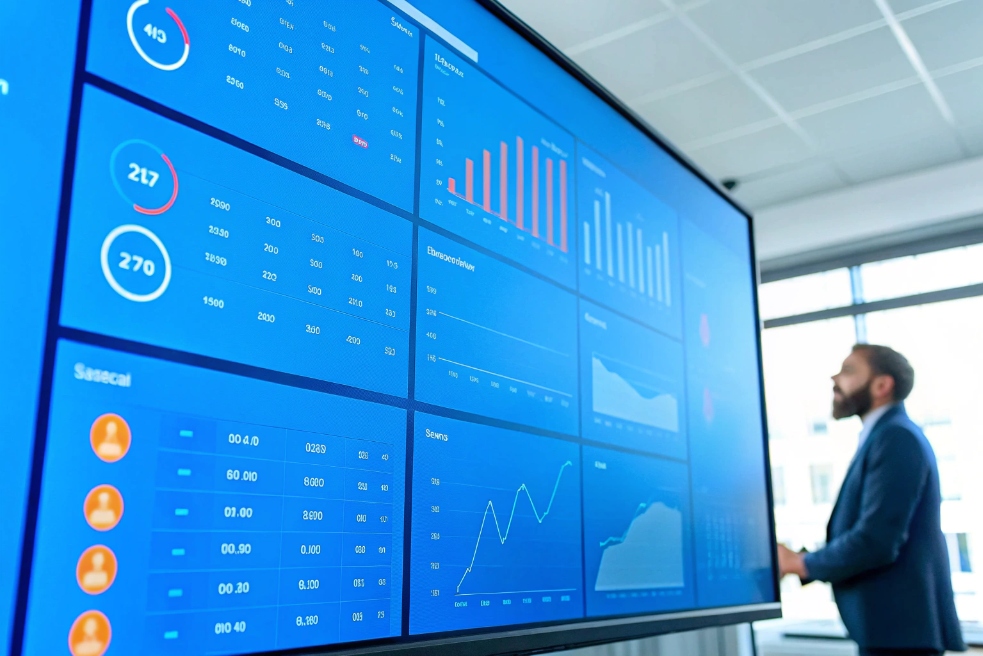 Business analyst in a suit standing near a huge blue dashboard screen filled with panels of charts, graphs, and metrics, including bar charts, line charts, and circular gauges.