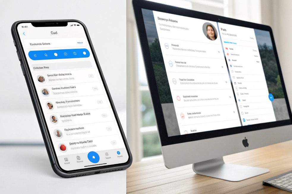 Mobile and desktop unified communication contact management interface screens