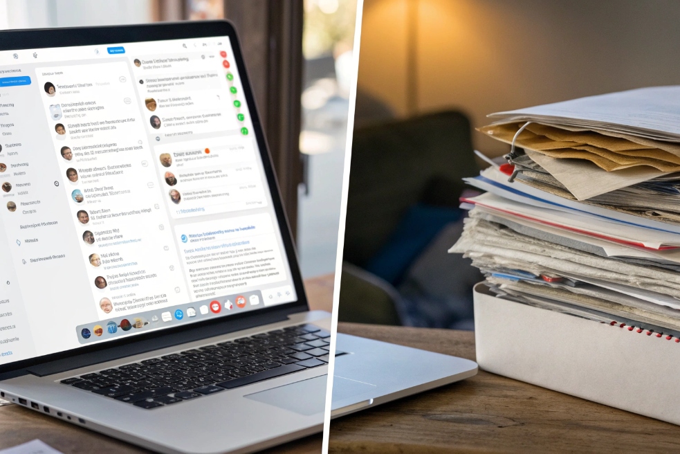 Split image of laptop with messaging app and paper documents on desk