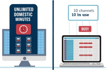 VoIP graphic showing unlimited domestic minutes and busy 10-channel SIP trunk usage