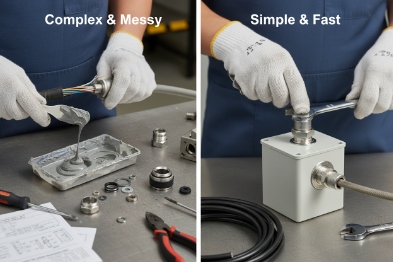 Side-by-side cable gland assembly showing messy traditional method versus simple fast installation