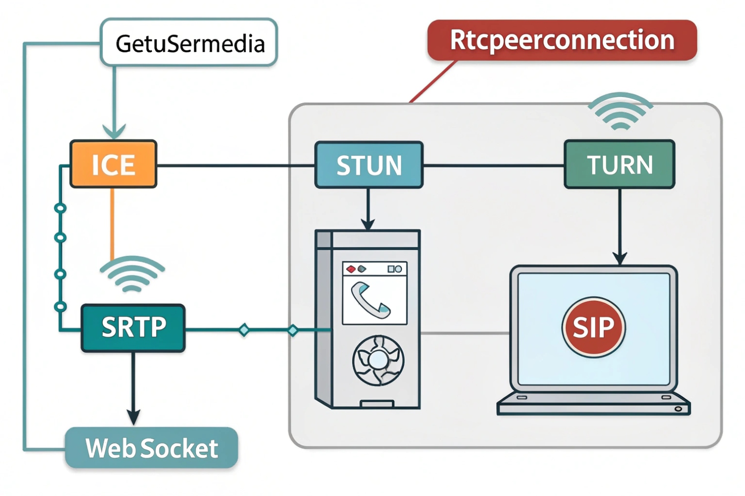 WebRTC ICE STUN TURN SRTP signaling diagram between SIP client and server