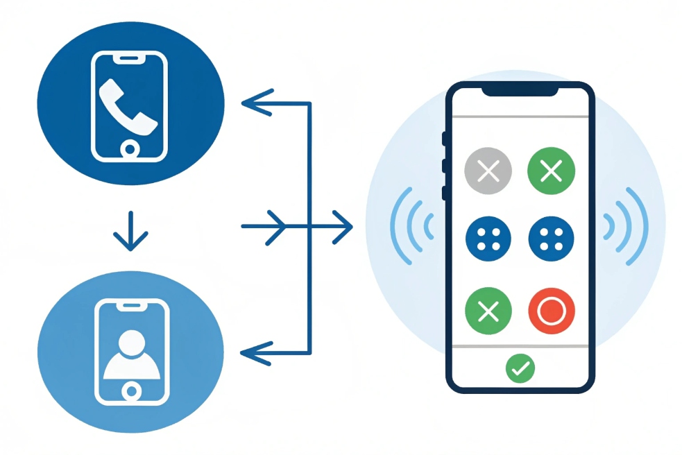 Mobile call routing diagram showing incoming call options and keypad interface
