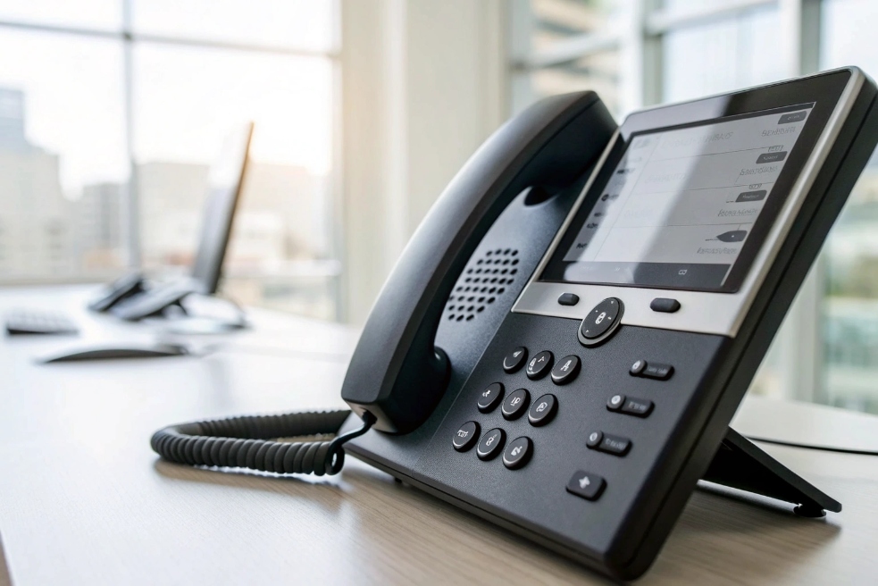 Close-up of modern office VoIP phone on desk