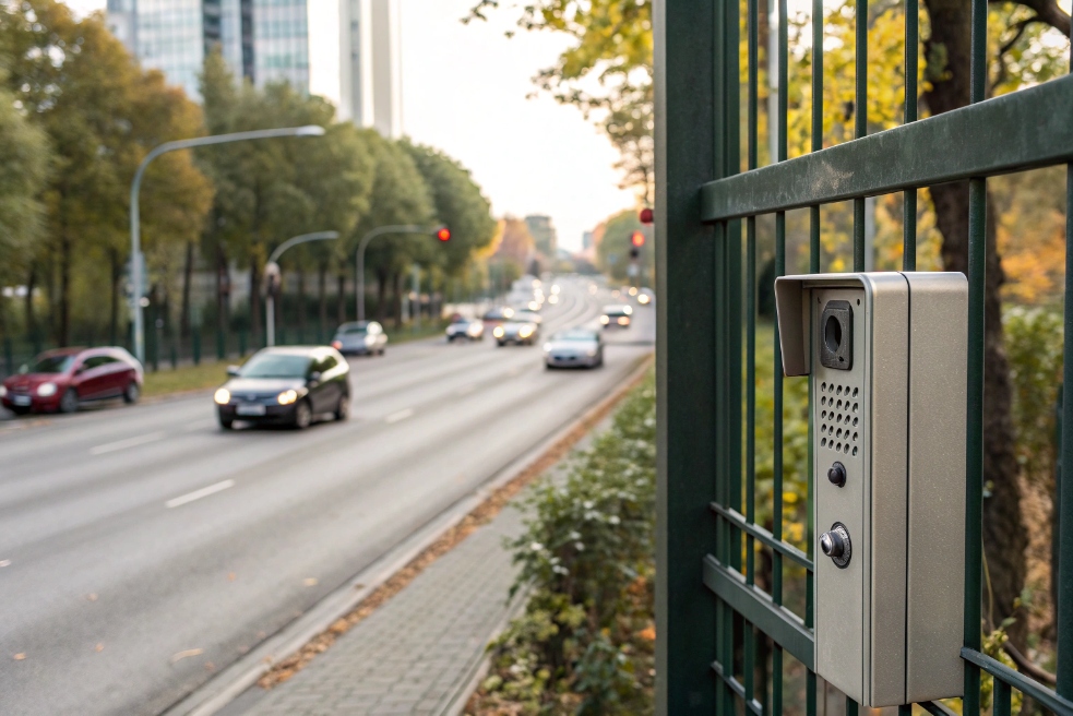 Outdoor SIP intercom mounted on security fence beside busy city roadway