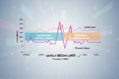 EMC compliance chart comparing conducted and radiated emissions against limit line