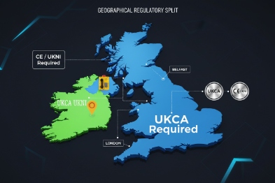 UK map graphic explaining regulatory split with UKCA required and CE UKNI in Northern Ireland