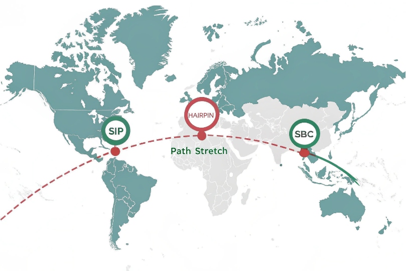 World map showing SIP to SBC call route with hairpin path stretch