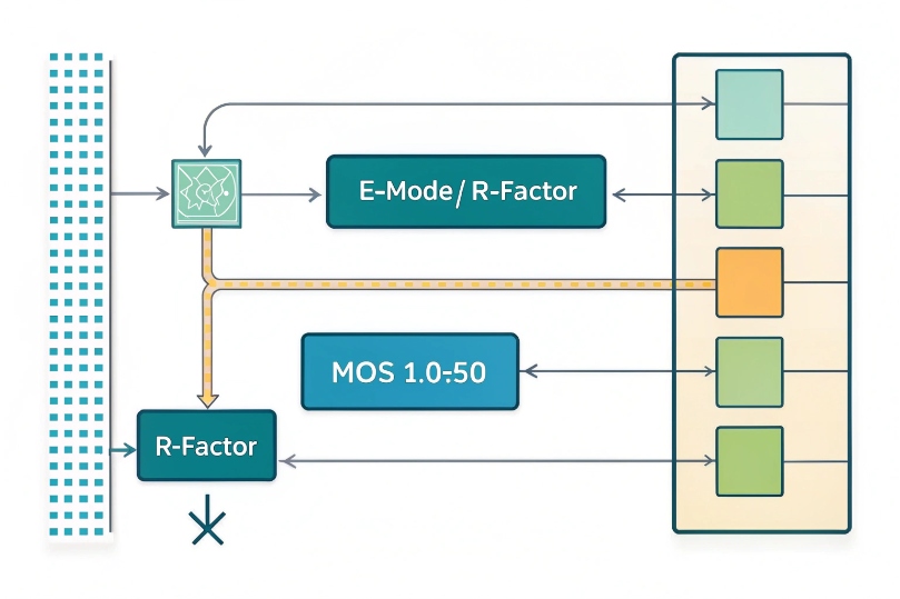 Flow diagram converting network parameters into E-Model R-Factor and MOS 1.0–5.0 scores