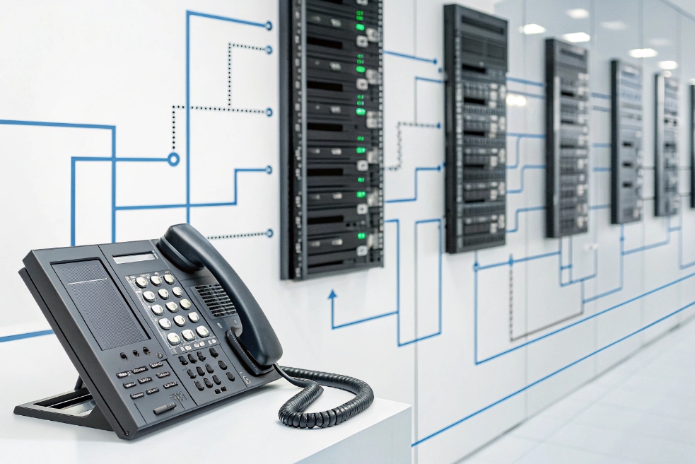 VoIP phone and network equipment in a server room