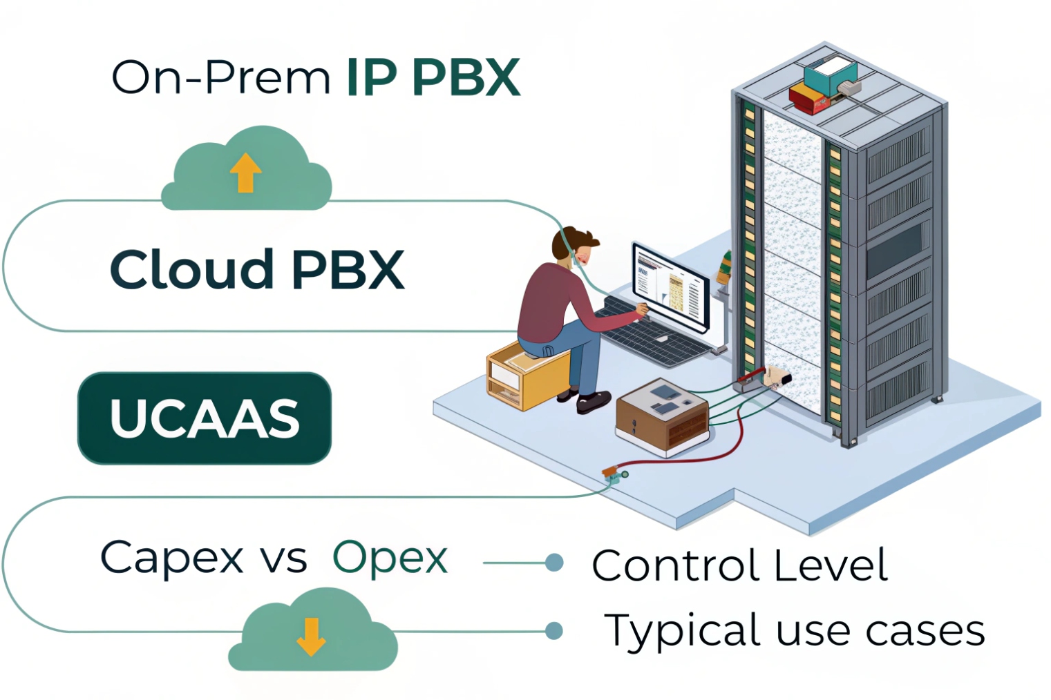 Engineer comparing On-Prem IP PBX Cloud PBX and UCaaS options