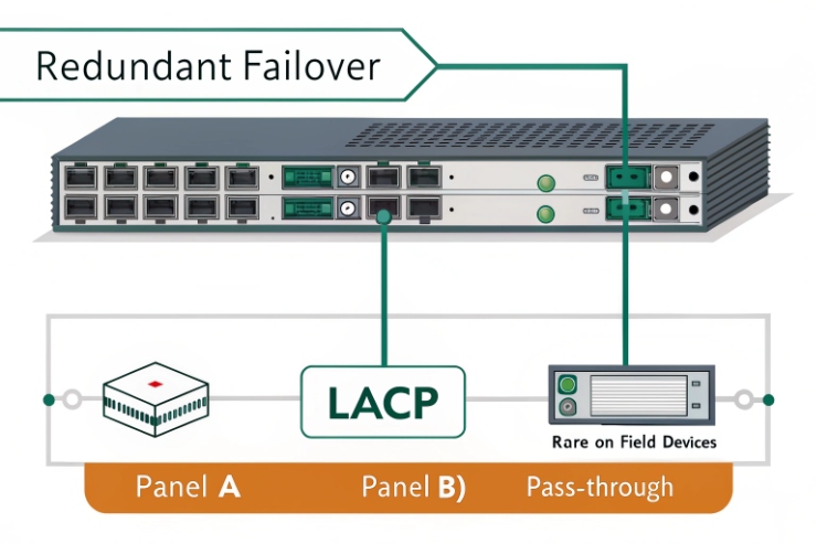 Redundant network switch failover diagram showing LACP links between Panel A and Panel B