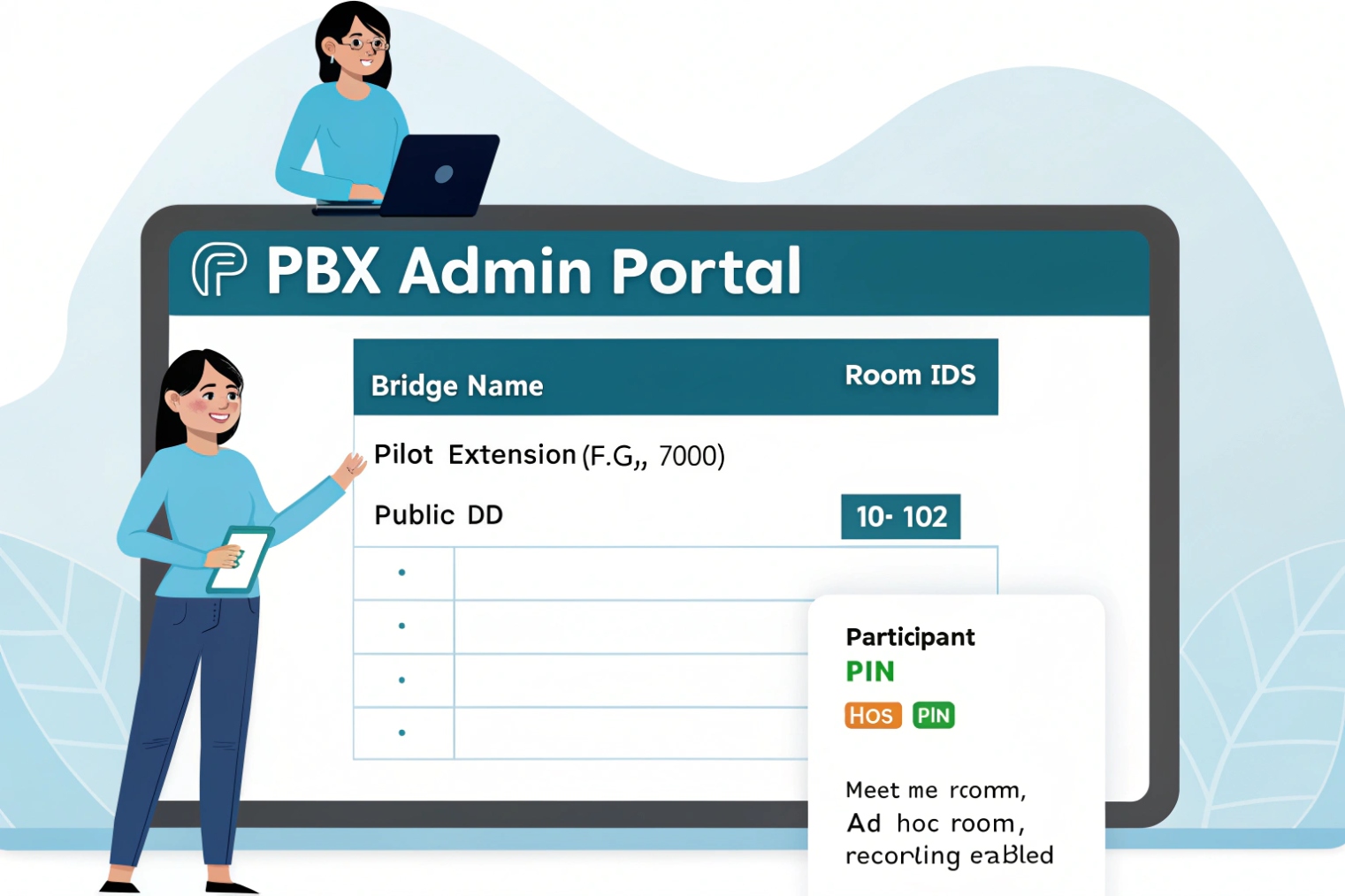 PBX Admin Portal screen with two admins configuring conference bridges, showing bridge names, pilot extension, room IDs, and participant PIN options