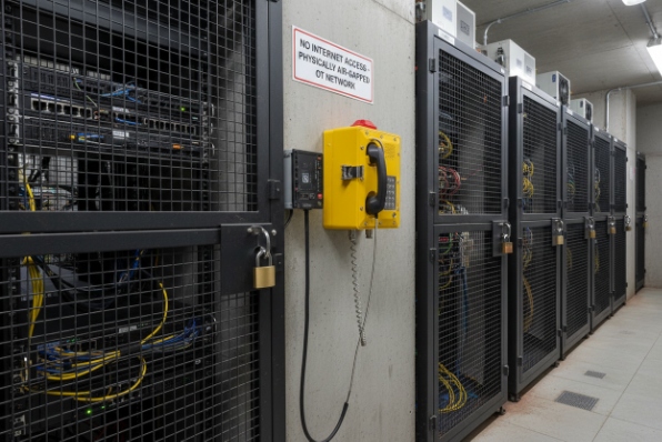 Yellow emergency phone mounted in secure server room with locked cages and no internet access sign