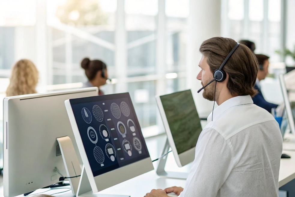Customer service agent working at a desk with analytics on screen