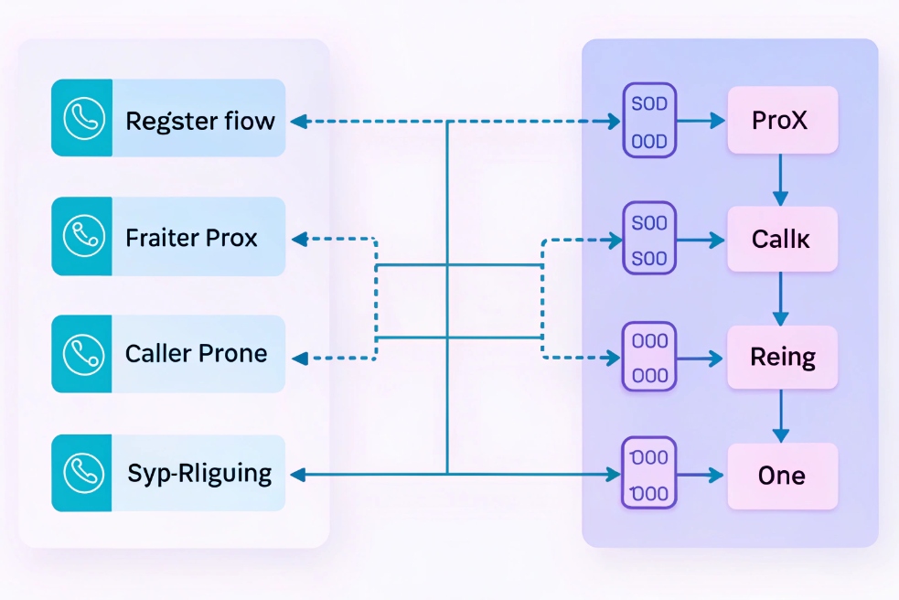 Abstract VoIP call-flow diagram with teal phone icons on the left for steps like registration and proxying, connected by dashed lines to purple packet blocks and pink boxes on the right representing stages such as proxy, call setup, ringing, and connected call.